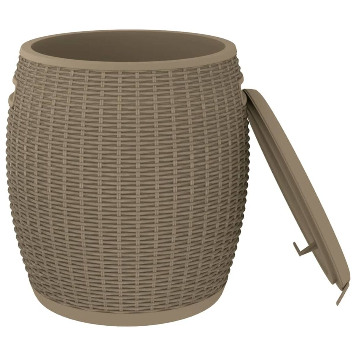 Ein brauner Mülleimer im Wicker-Stil mit einem Deckel an der Seite. Der Eimer hat eine gewebte Textur.