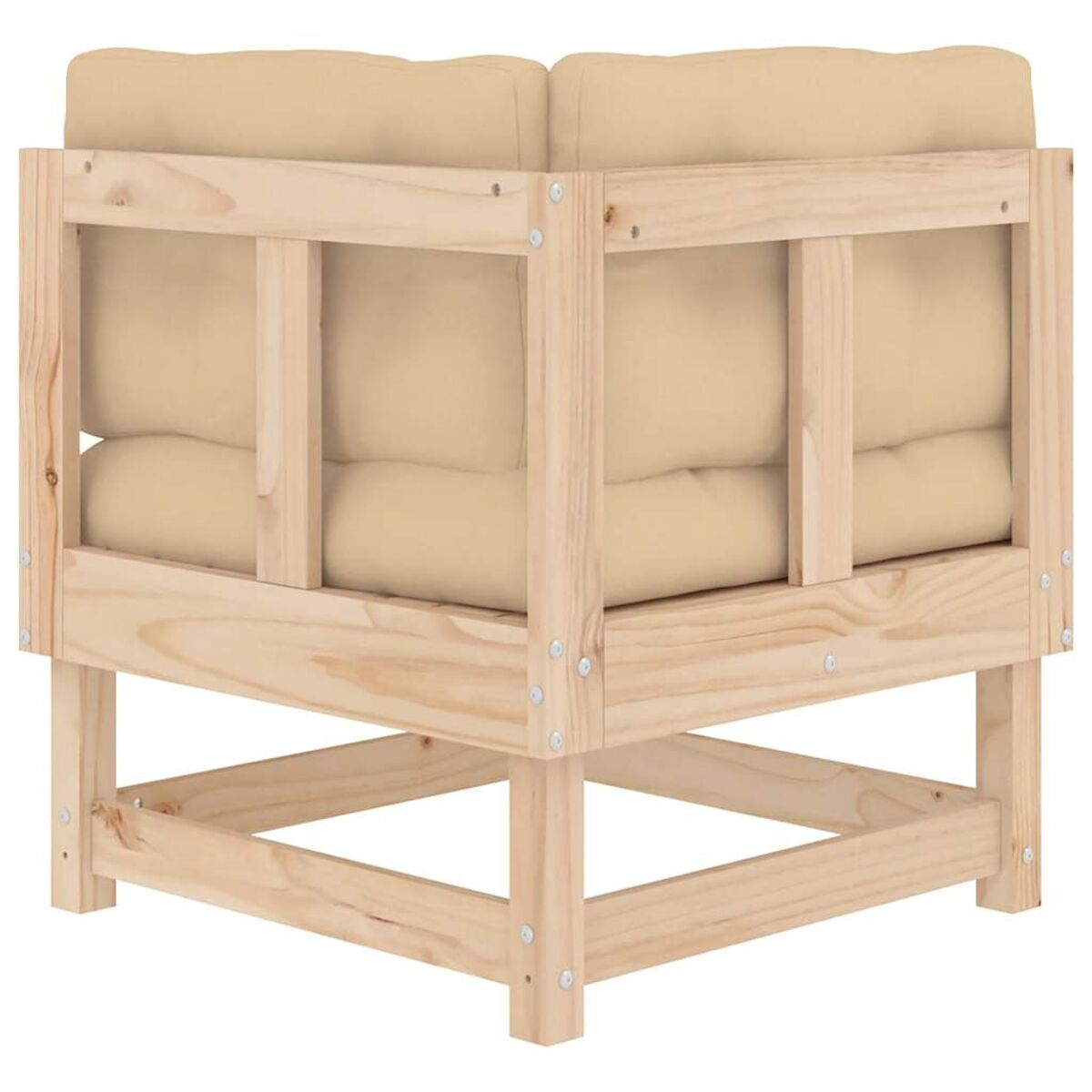 Ein Ecksofa aus Holzrahmen und beigen Kissen, von hinten betrachtet.