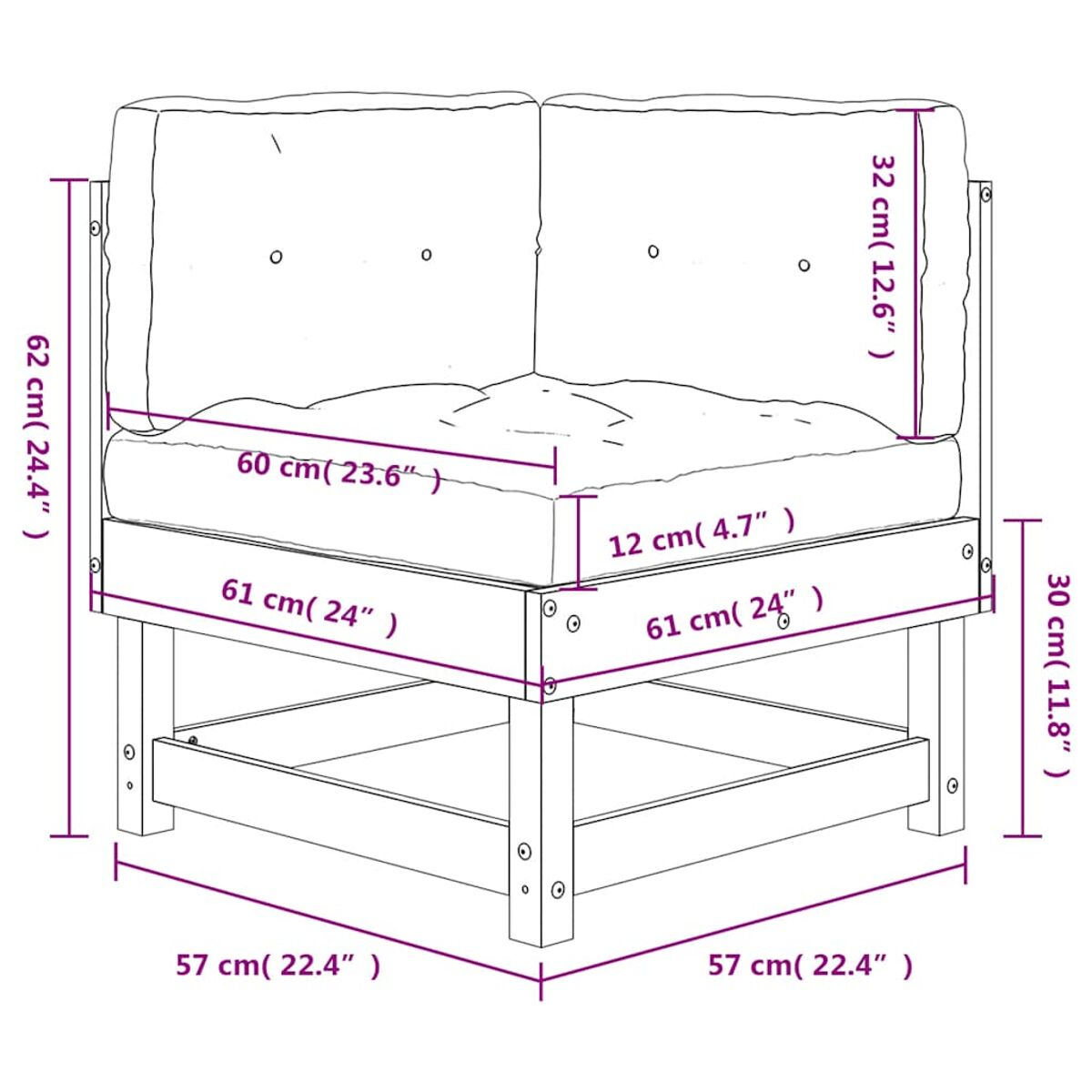 Ecksofa aus Holz mit Maßen. Beige Kissen auf braunem Gestell. Maße werden angezeigt.