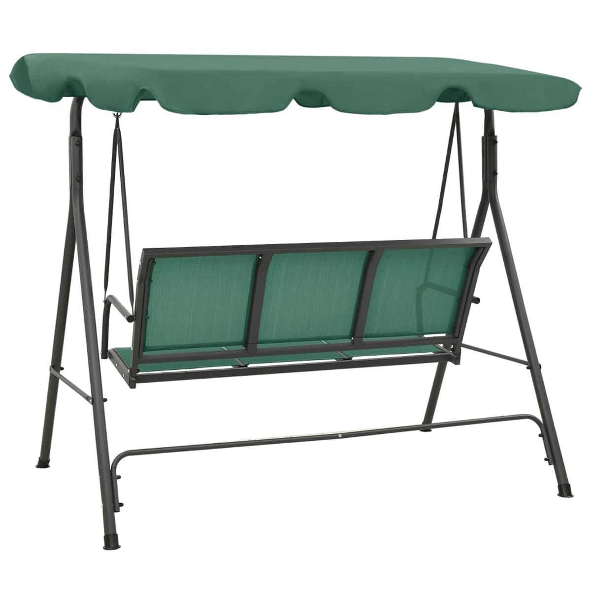 Grünes Schaukelset mit Baldachin. Es hat einen dunklen Rahmen und einen grünen Schaukelsitz.