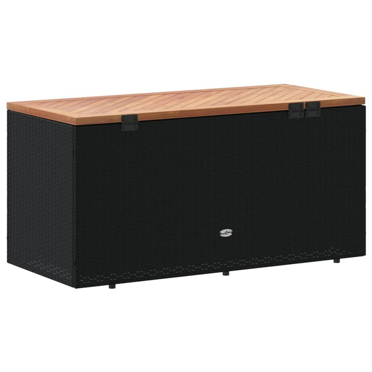 Schwarze Rattan-Aufbewahrungsbox mit Holzdeckel, auf weißem Hintergrund.