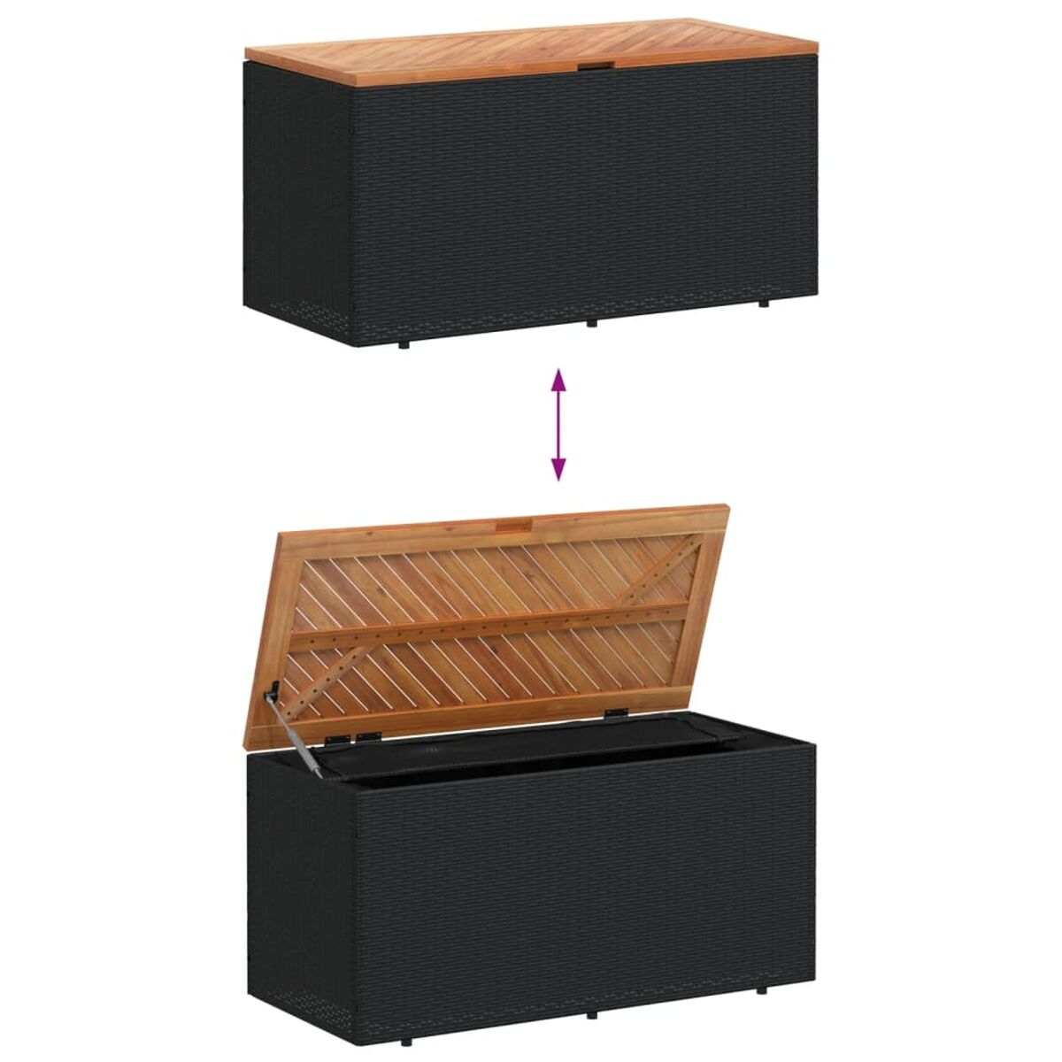 Schwarze Rattan-Aufbewahrungsbox mit Holzdeckel. Deckel ist geöffnet, Inhalt wird gezeigt.