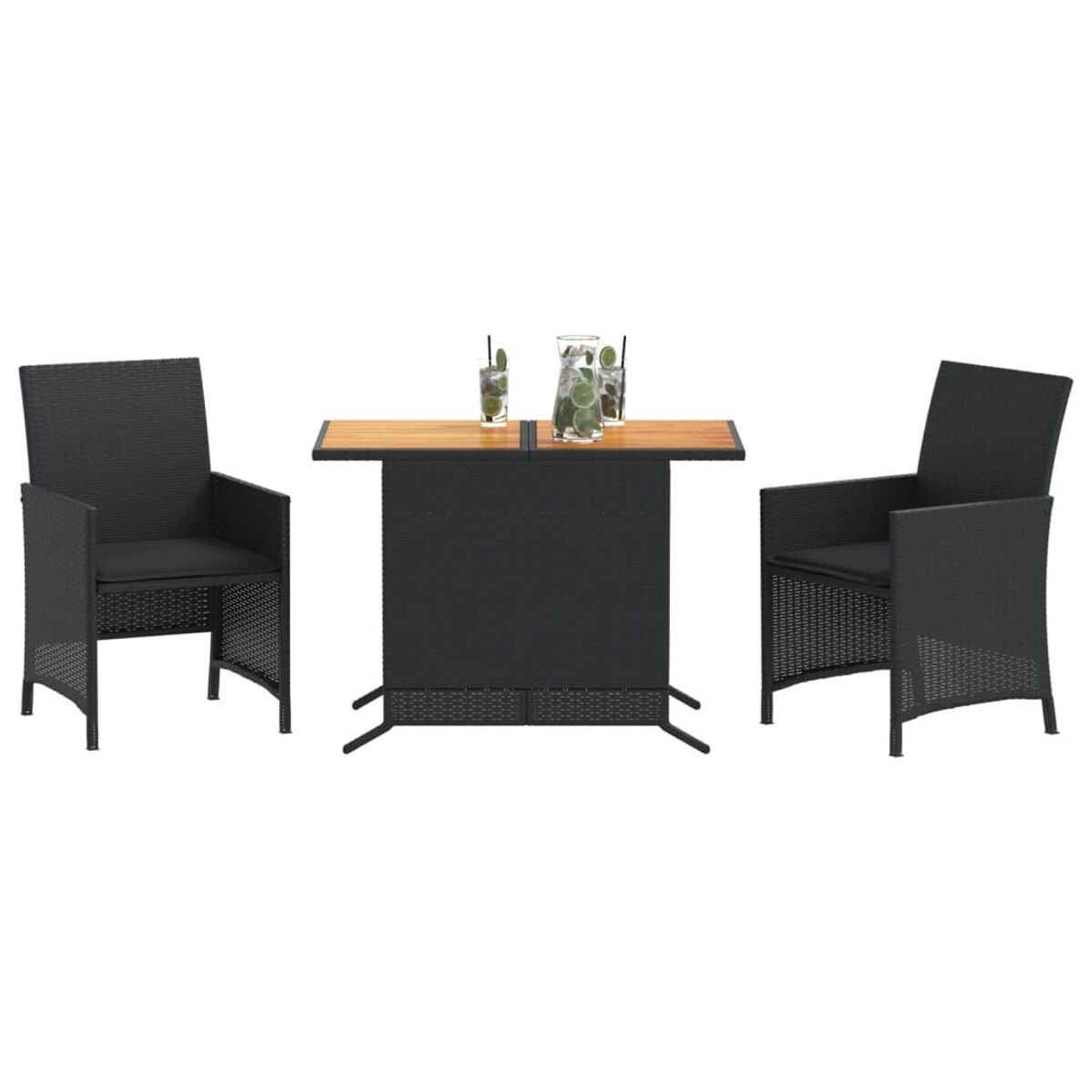 Tisch- und Stuhlset. Schwarze Stühle und Tisch mit Holzplatte. Getränke sind sichtbar.