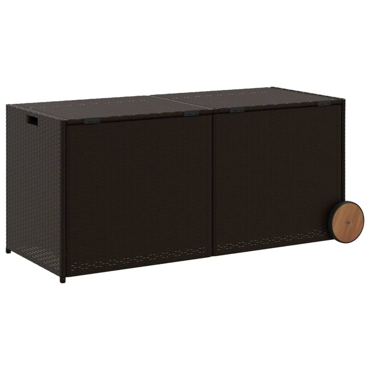 Dunkelbraune Rattan-Aufbewahrungsbox mit einem Rad.