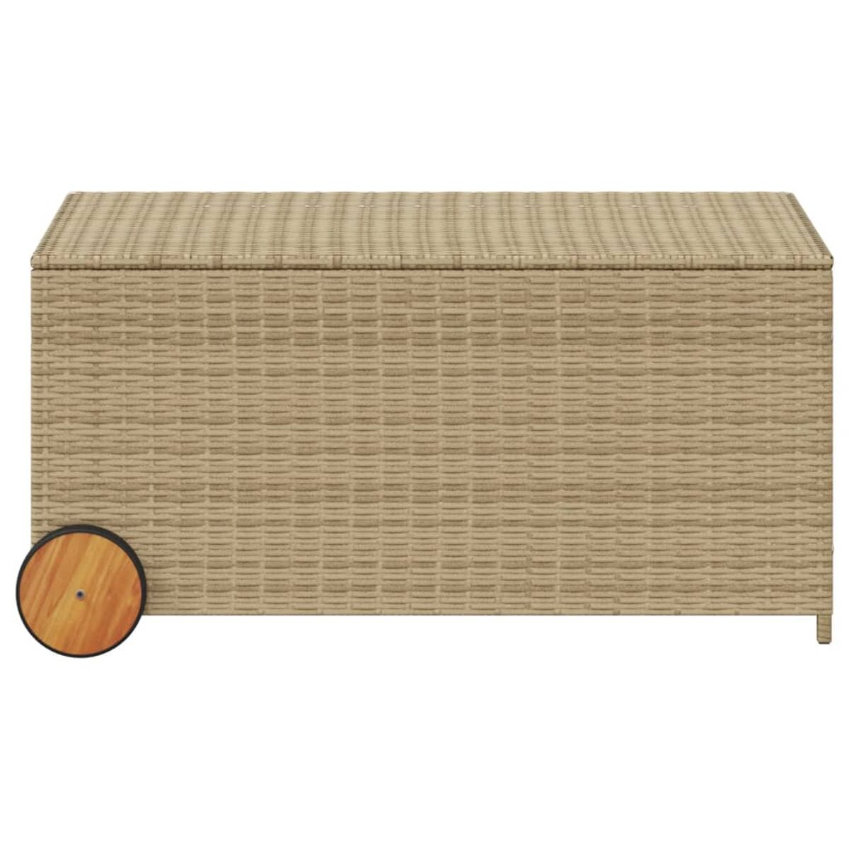 Truhe im Weidenstil mit Holzrad an der Seite, beige Farbe.