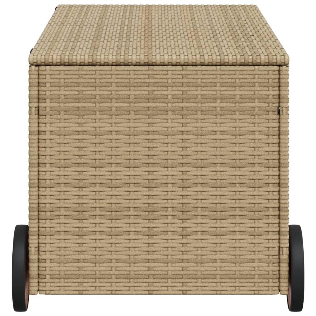 Eine beige Korbstau box mit schwarzen Rädern. Die Box hat einen Deckel oben. Weißer Hintergrund.