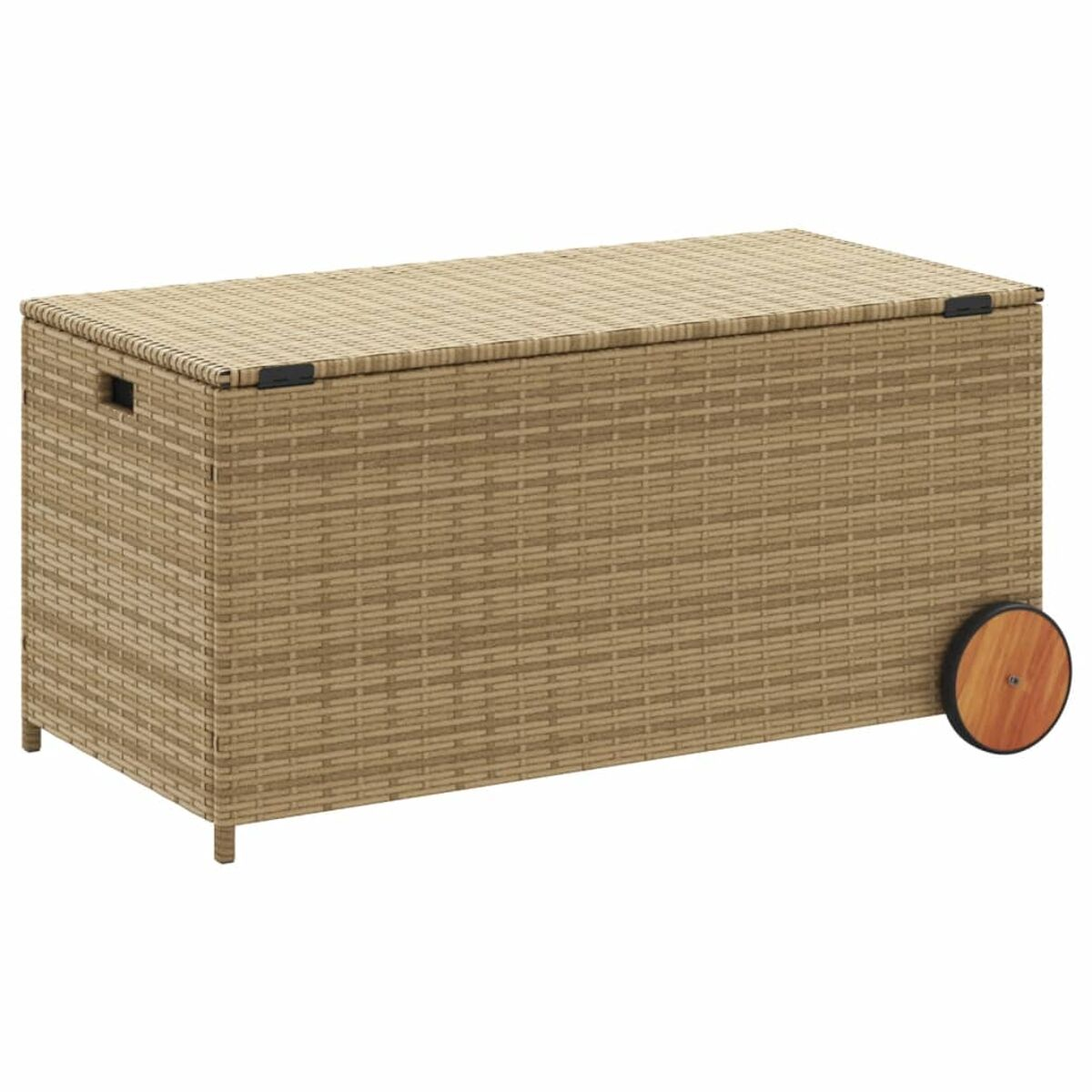 Wicker Aufbewahrungsbox mit Deckel und Rädern.