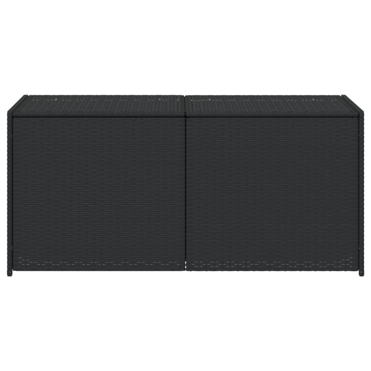 Schwarze Aufbewahrungsbox für den Außenbereich. Sie hat zwei Türen und ist aus gewebtem Material gefertigt.