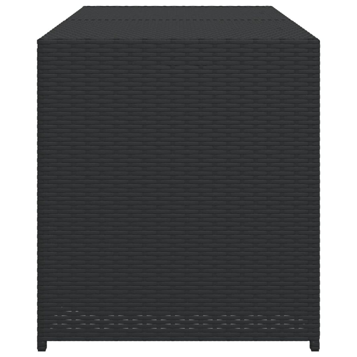 Schwarze Outdoor-Aufbewahrungsbox. Die Box ist mit einer gewebten Textur bedeckt.