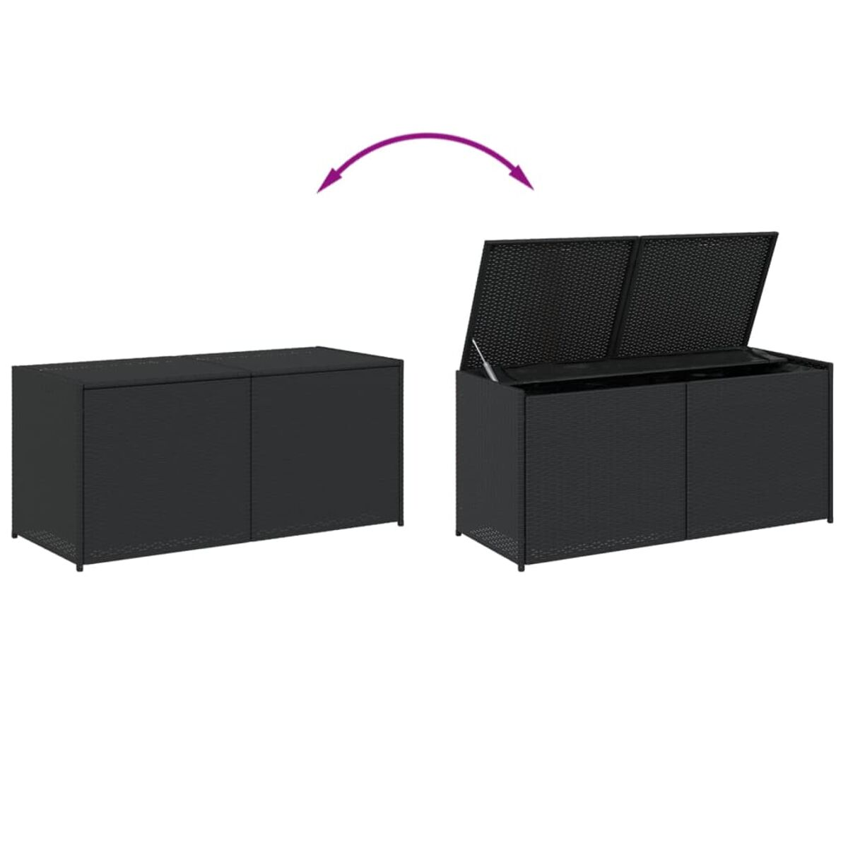 Schwarze Outdoor-Aufbewahrungsbox. Eine zeigt geschlossen, die andere geöffnet.