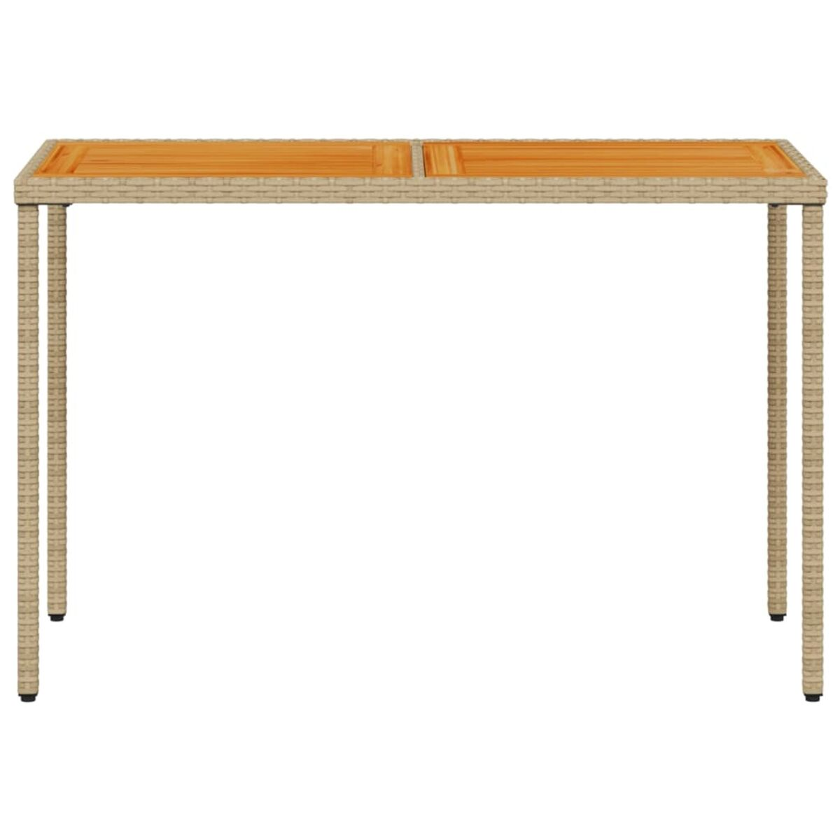 Ein hellbrauner Korbtisch. Der Tisch hat vier Beine und eine rechteckige Platte.