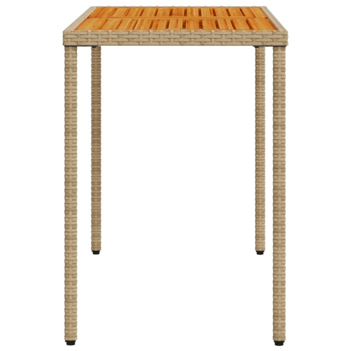 Quadratischer Tisch im Korbstil mit Beinen. Die Oberseite ist quadratisch und hellbraun.