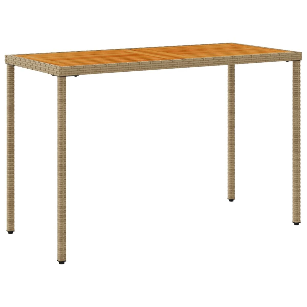 Bartisch für den Außenbereich mit Holzplatte. Beine im Korbstil mit dunklen Spitzen. Beige Farbe.
