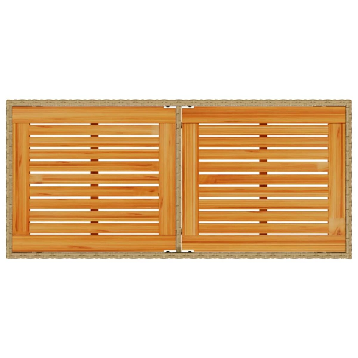 Draufsicht auf eine hölzerne Garten-Aufbewahrungsbox mit zwei Türen und Lamellen.