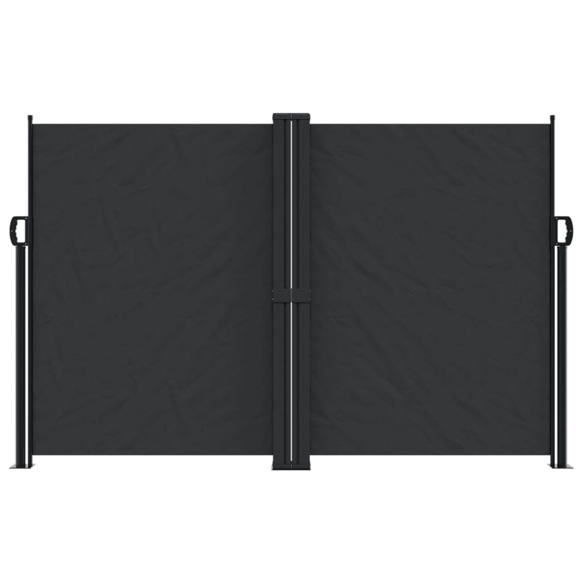 Schwarze ausziehbare Leinwand. Zwei schwarze Pfosten stehen an beiden Seiten.
