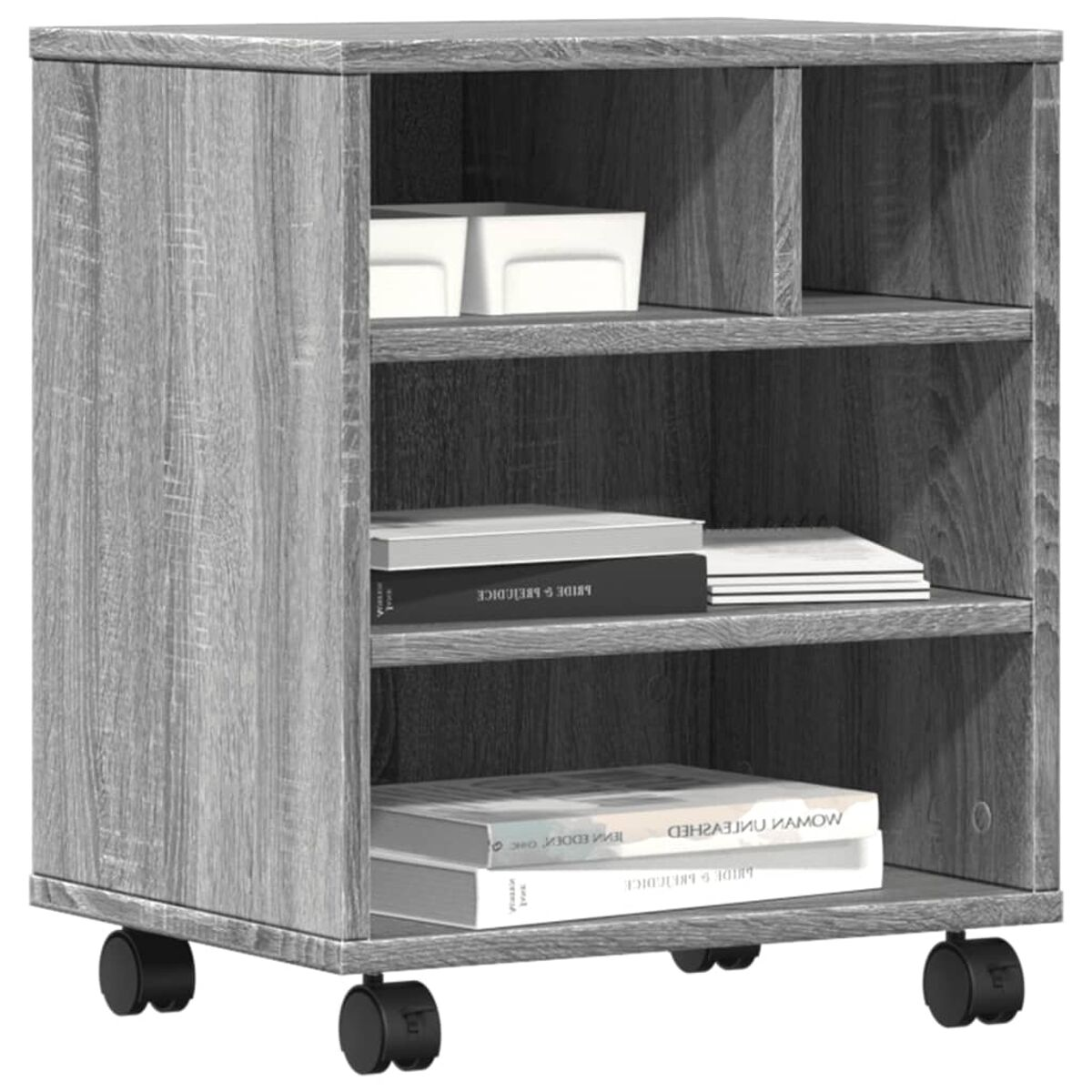 Holzschrank mit Regalen und einer geschlossenen Tür auf Rädern. Mehrere Bücher sind sichtbar.
