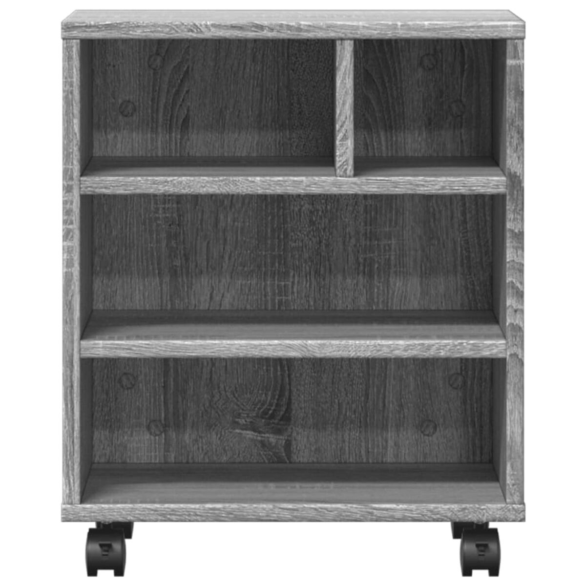 Grauer Holzschrank mit drei Regalen, einem kleinen Fach und Rollen.