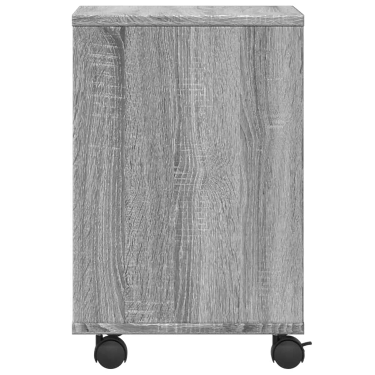 Grauer Holzschrank mit Rollen, geeignet für Lagerung und Büro.
