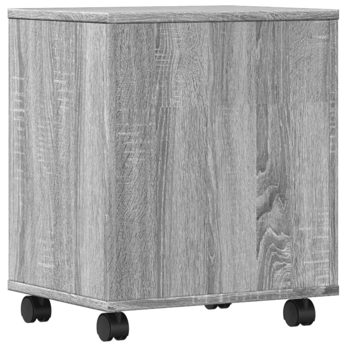 Grauer Holzschrank auf Rädern. Quadratische Form, Holzmaserung. Schwarze Räder. Einfacher Hintergrund.