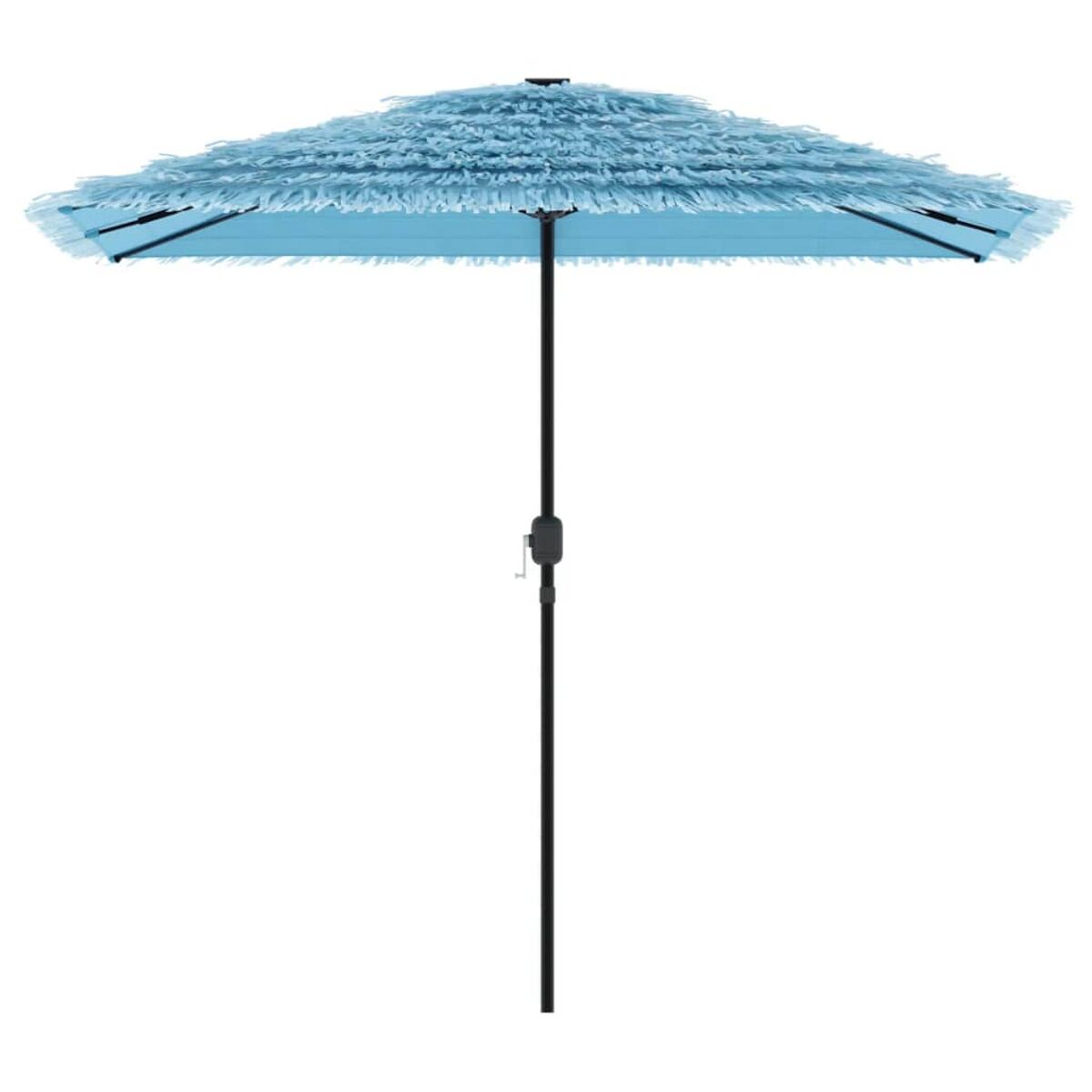Ombrellone da patio blu con frange e palo nero, aperto. Le frange sono di un azzurro pallido.