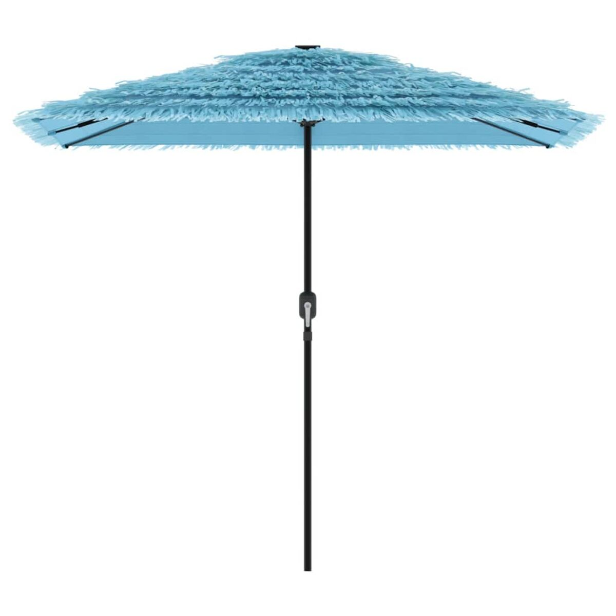 Un ombrello blu con frange. Un palo nero sostiene la capote aperta.