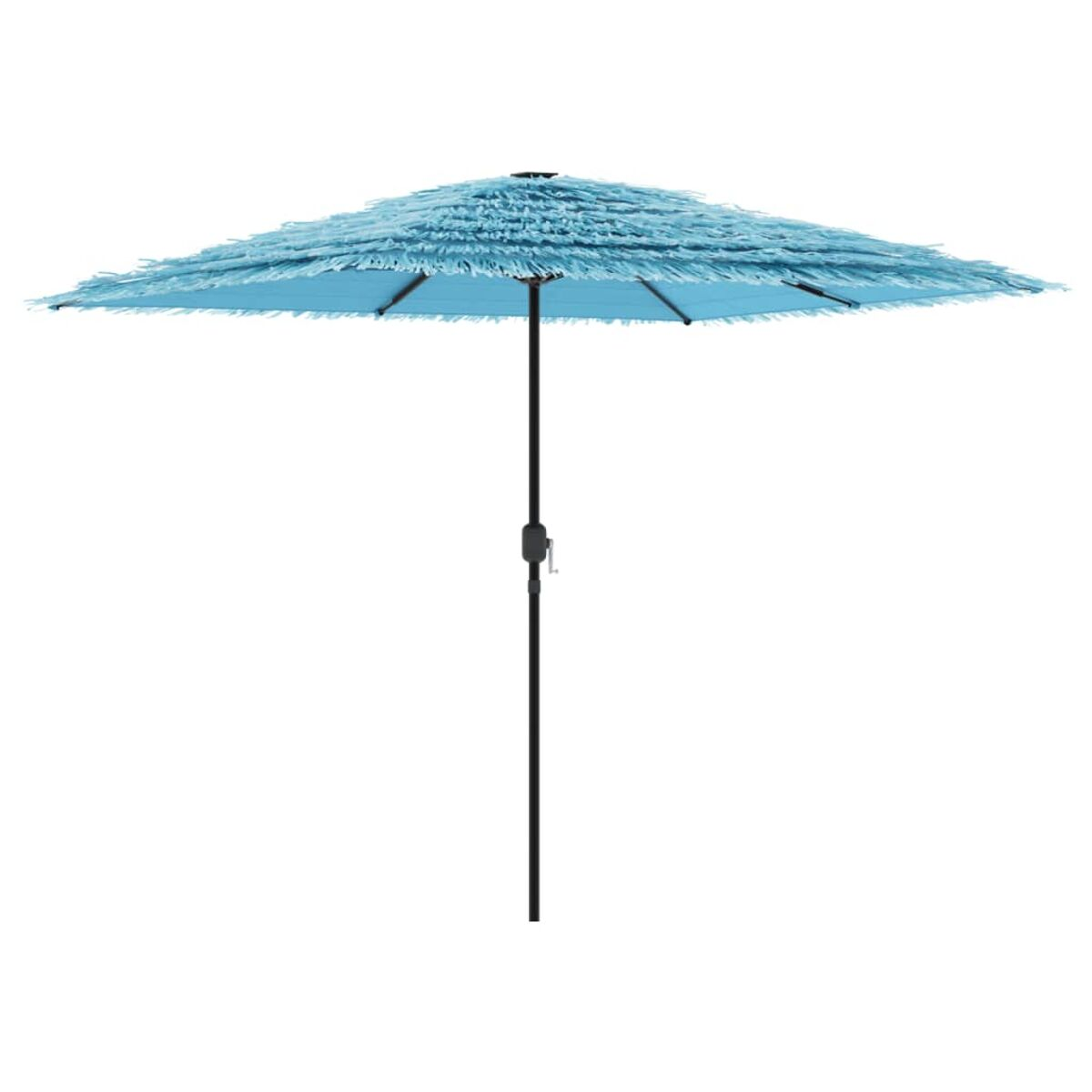 Ombrellone da patio con frange blu e palo nero. Sfondo bianco.
