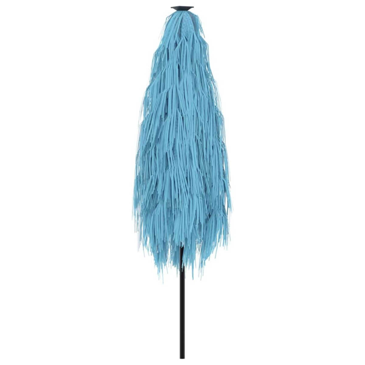 Ombrellone blu chiuso con frange su un palo nero, isolato su bianco, che offre ombra.