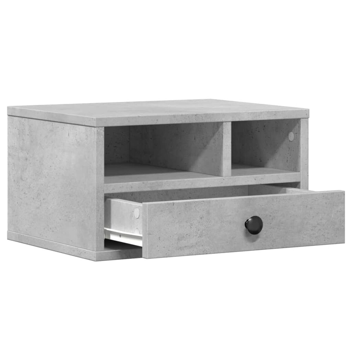 Ein grauer Schrank im Betonstil mit zwei Fächern und einer Schublade mit schwarzem Knopf. Weißer Hintergrund.