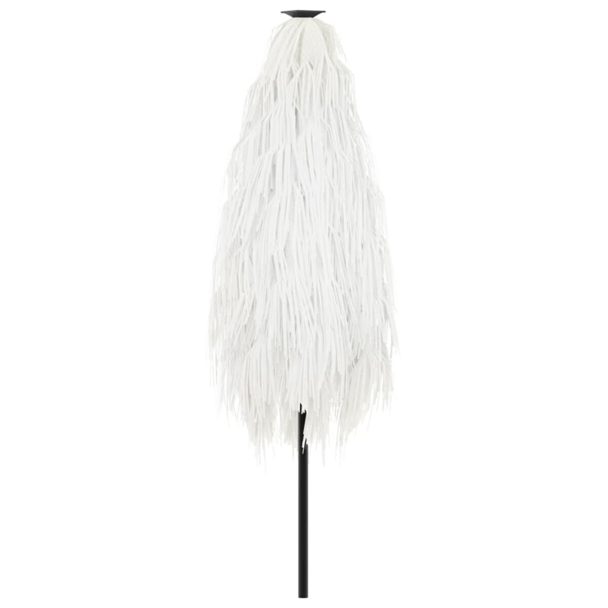 Un ombrello bianco con frange in piedi, con un palo nero, su sfondo bianco.
