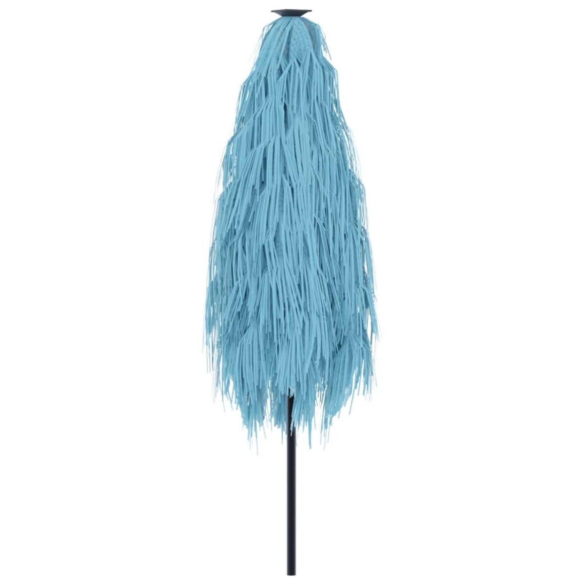 Ein geschlossener blauer Schirm mit langem schwarzem Griff. Der Fransen sind hellblau.