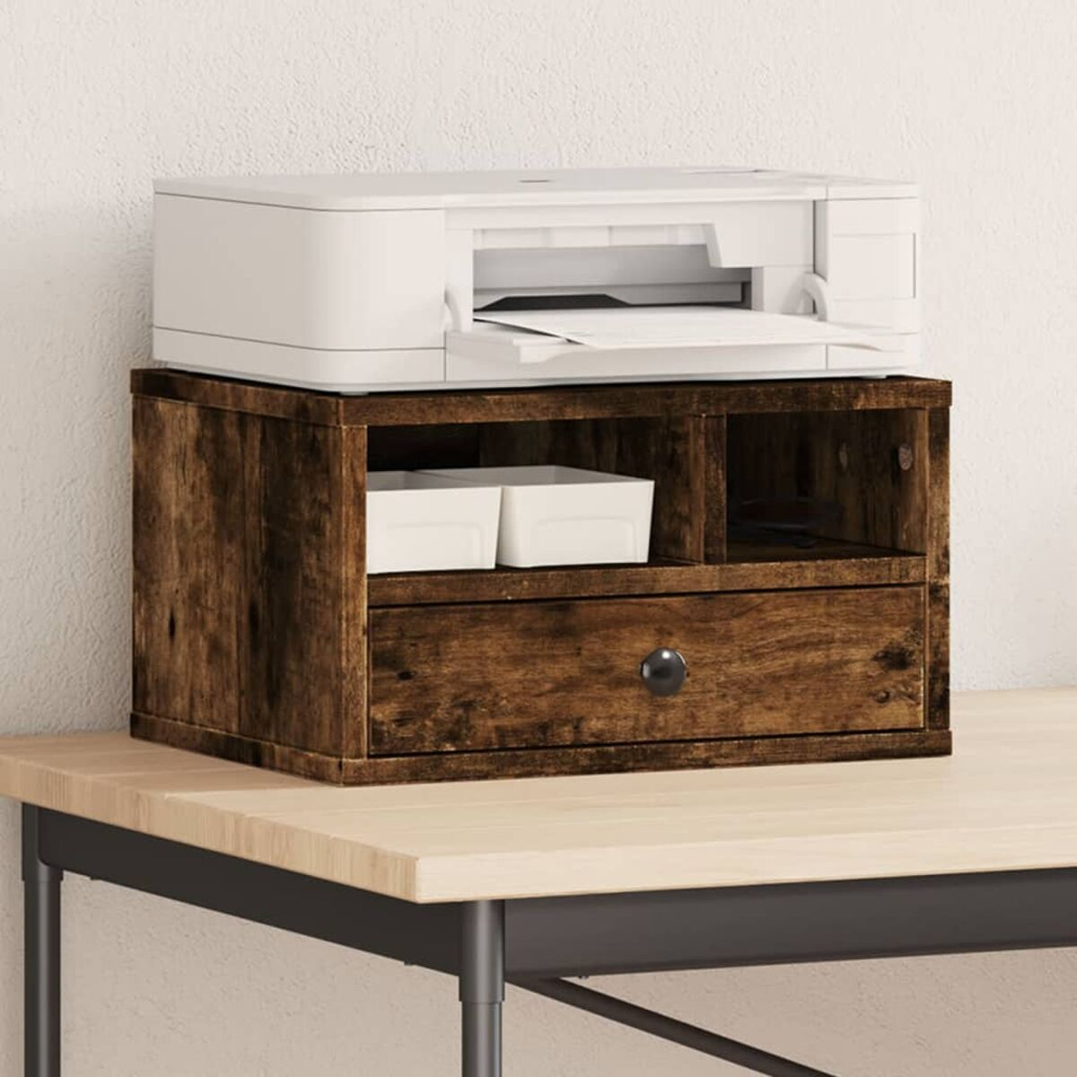 Druckerständer aus Holz mit Drucker oben, Schublade und Stauraum.