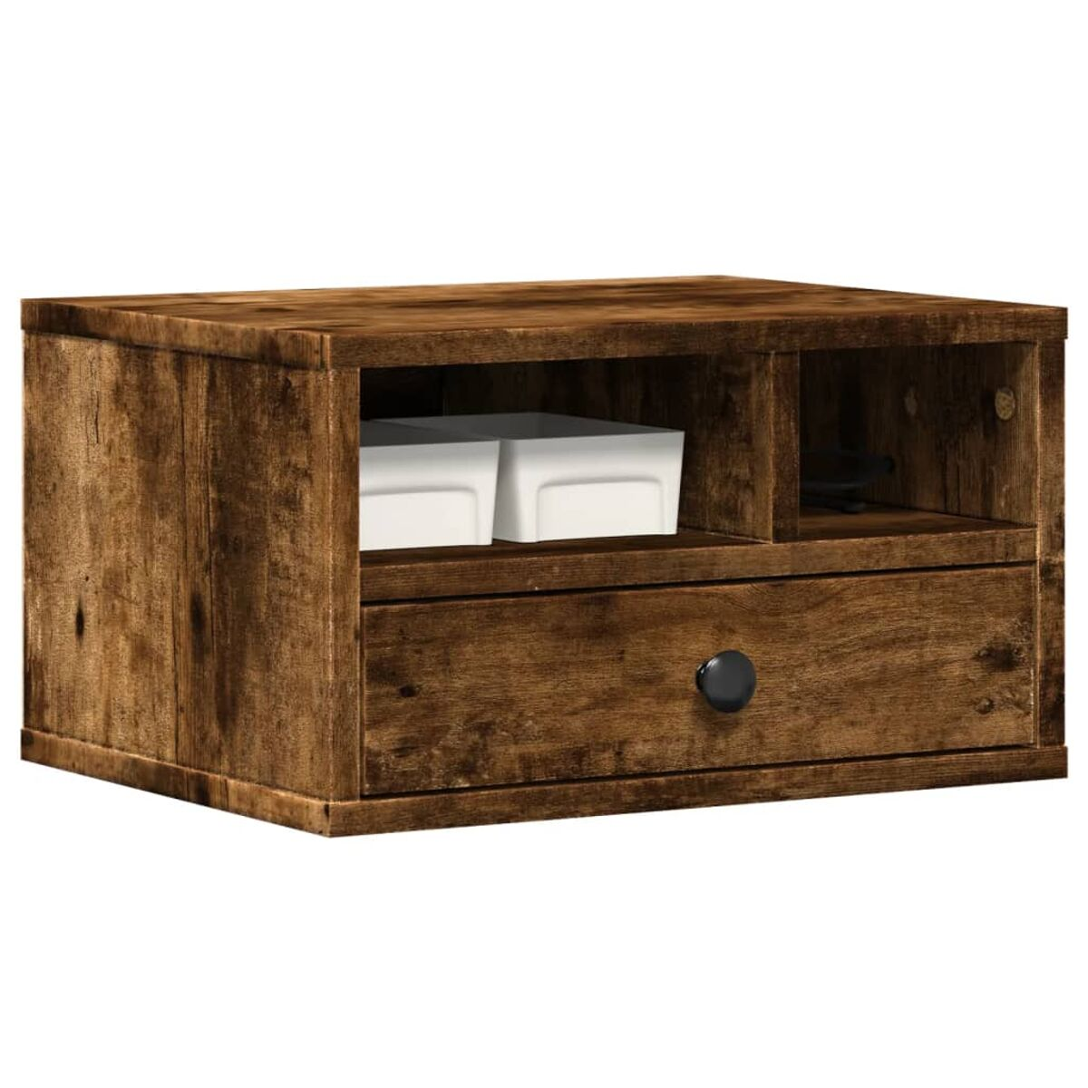 Brauner Holzschrank mit Schublade und offenem Fach. Weiße Behälter im Inneren.