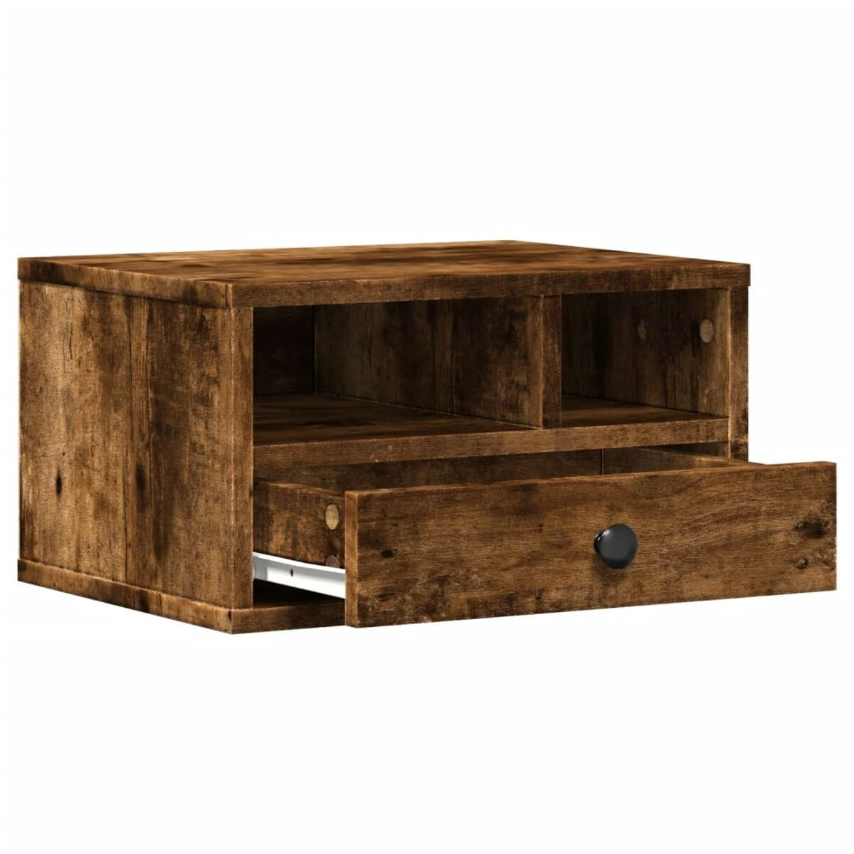 Brauner Holzschrank mit offener Schublade. Er hat zwei offene Fächer. Isoliert auf weißem Hintergrund.