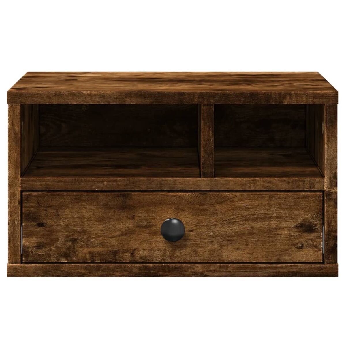 Dunkler Holzschrank mit Schublade und zwei offenen Regalen, mit Knopf.