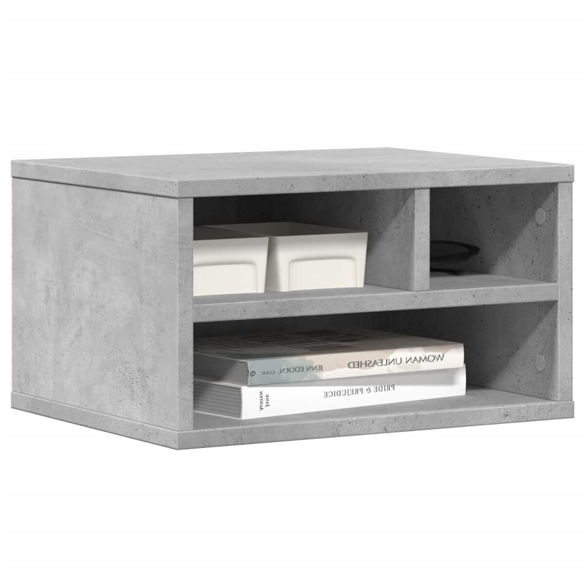 Grauer Schrank in Betonoptik mit Regalen. Weiße Objekte und Bücher sind sichtbar.
