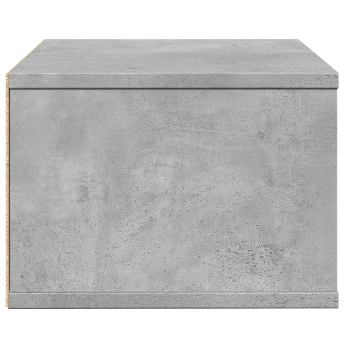 Eine graue, betonartige Box, von der Seite betrachtet, mit einem hellen Holzrand.
