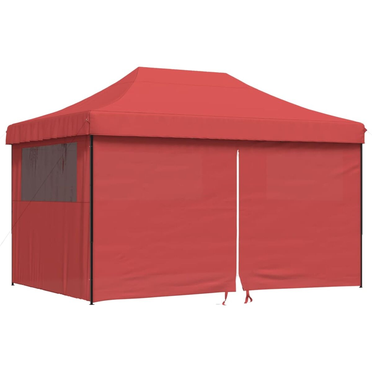 Ein rotes Pop-up-Pavillon-Zelt mit Tür, weißen Fenstern und schwarzem Rahmen, vor weißem Hintergrund.