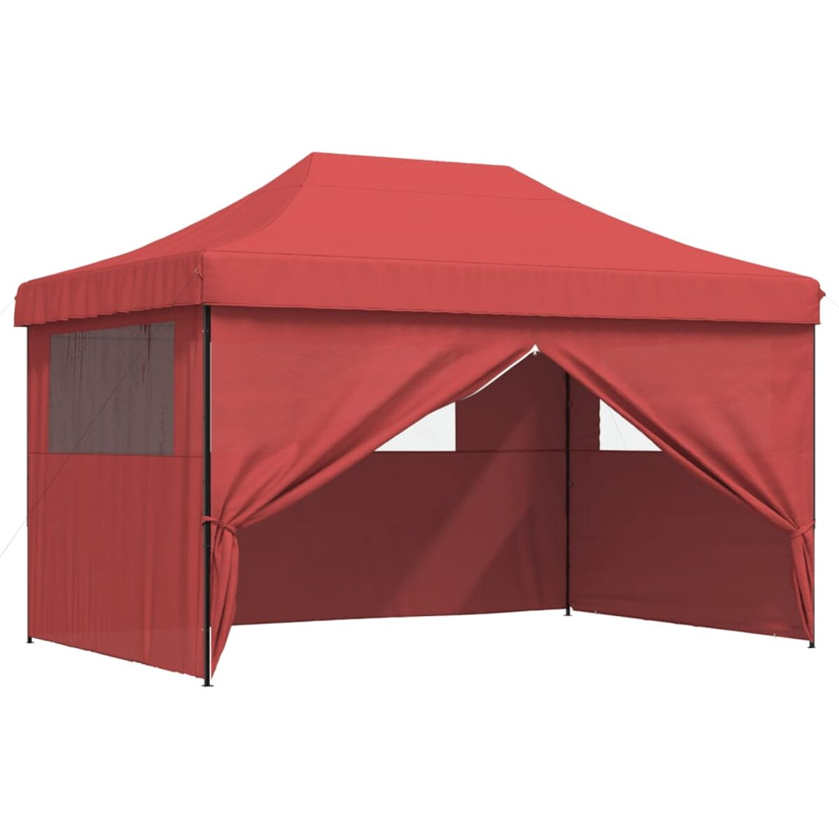 Ein rotes Pop-up-Zelt mit spitzem Dach, von außen betrachtet.