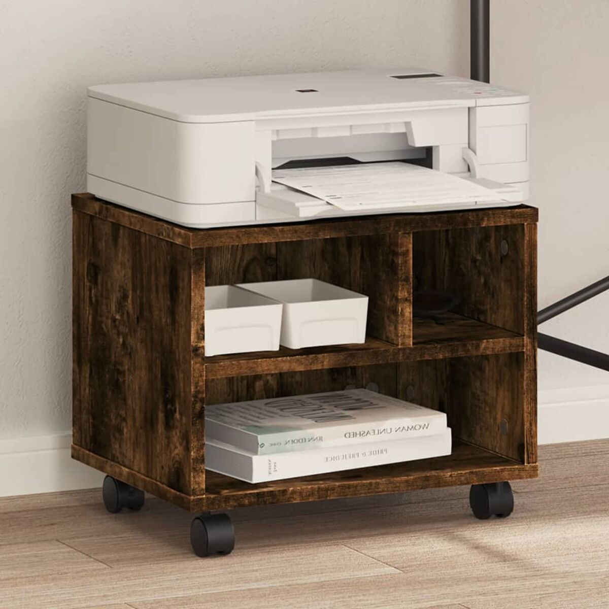 Holz-Druckerständer mit Drucker, Büchern und Behältern, mit Rädern.