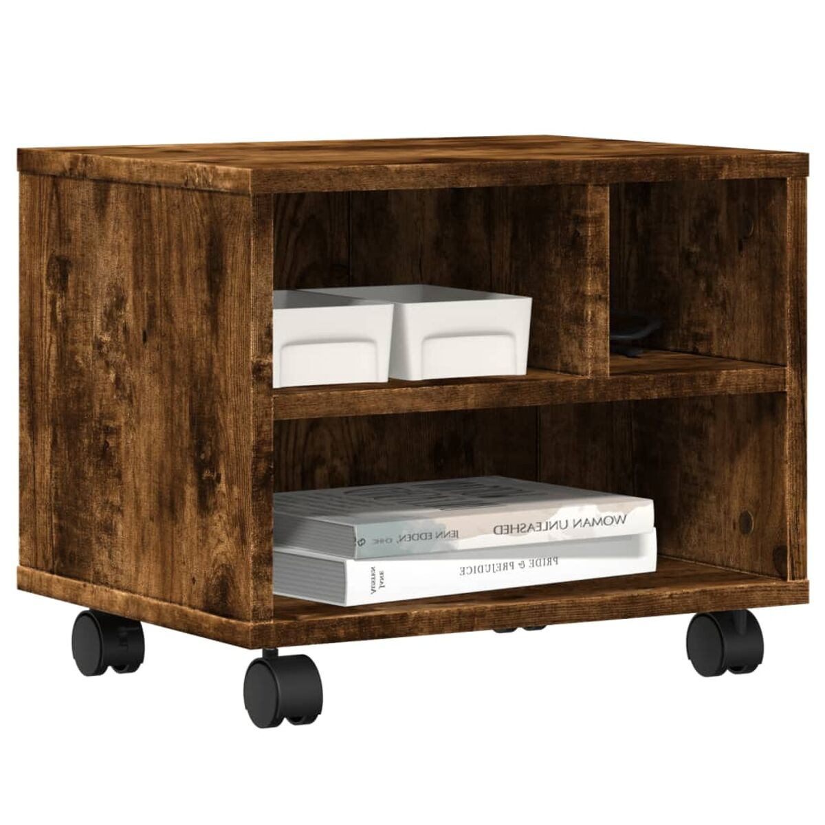 Holzschrank mit Regalen und Rollen. Er hat zwei weiße Boxen und Bücher in den Regalen.