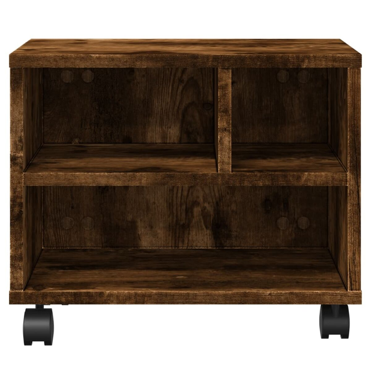 Dunkler Holzschrank mit zwei Regalen, auf Rollen montiert, Holzmaserung sichtbar.
