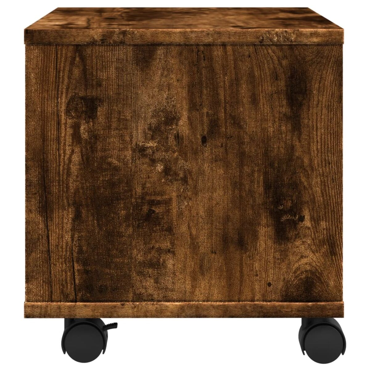 Holzschrank auf Rädern mit dunkelbraunem Holzmaserungsfinish.