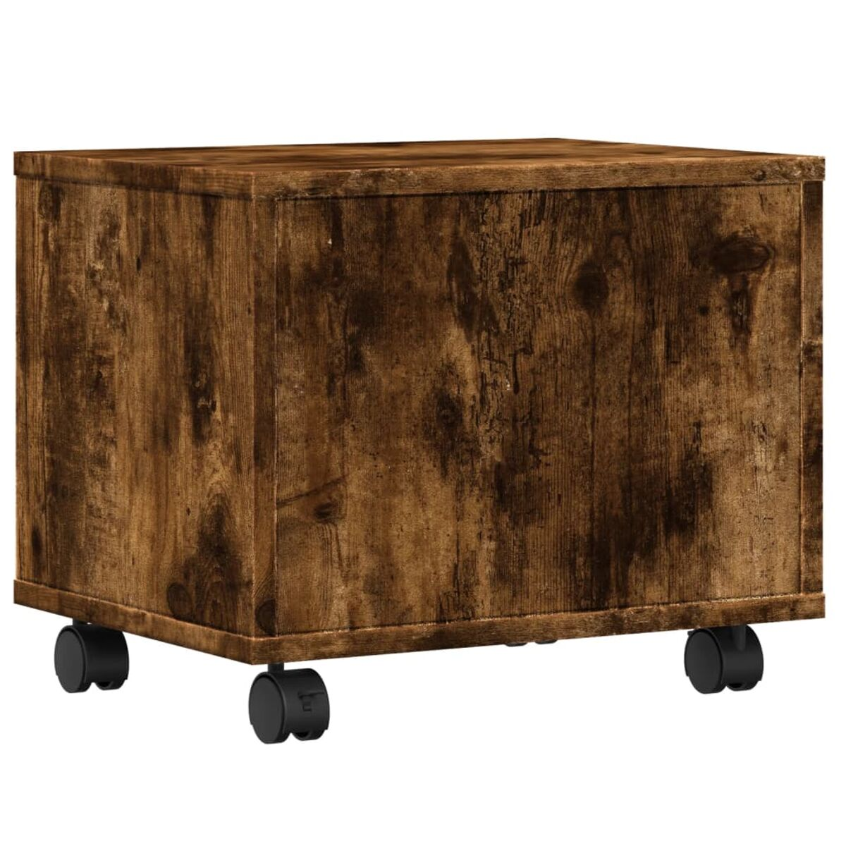 Braune Holz-Aufbewahrungsbox mit Rädern. Weißer Hintergrund.