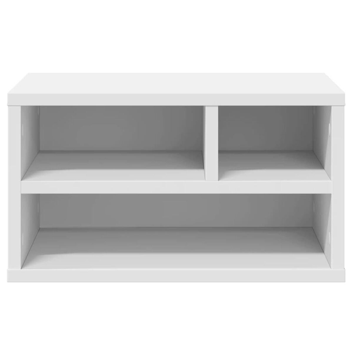 Ein weißer Schrank mit zwei Regalen. Die Oberseite ist flach und das Innere leer.
