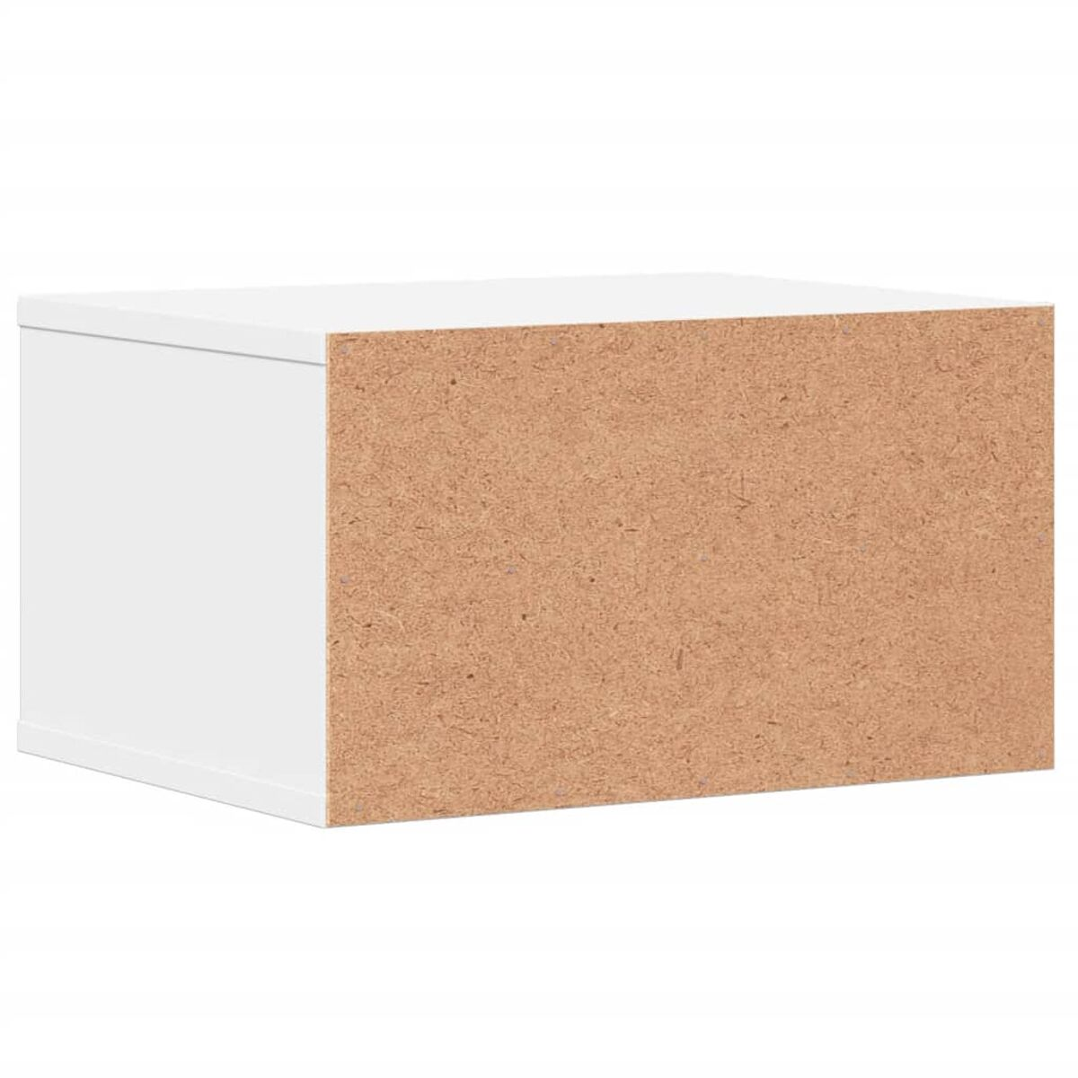 Ein weißer Schrank mit brauner Spanplattenseite auf weißem Hintergrund.