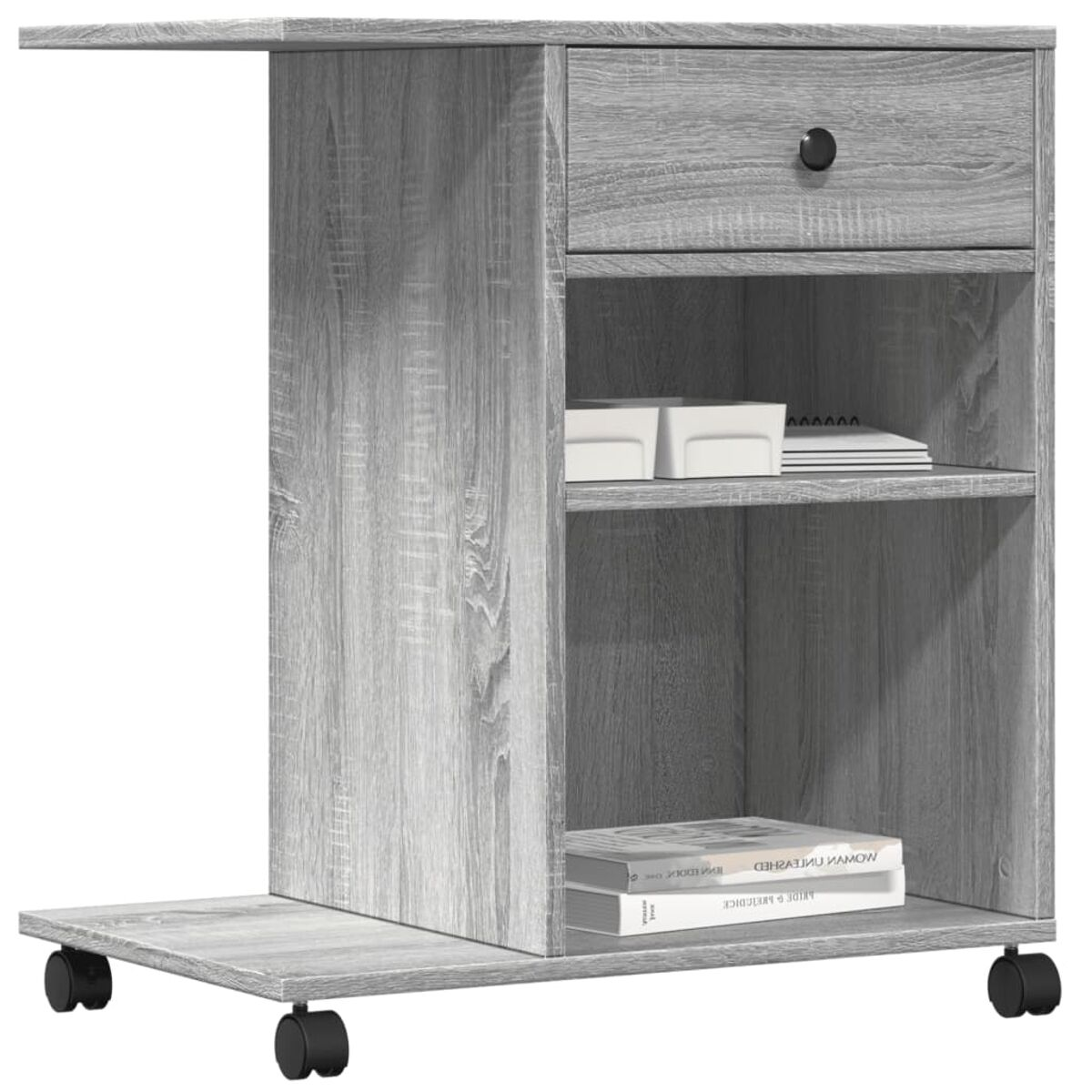 Grauer Holz-Beistelltisch mit Schublade, Ablagen und Auszug.