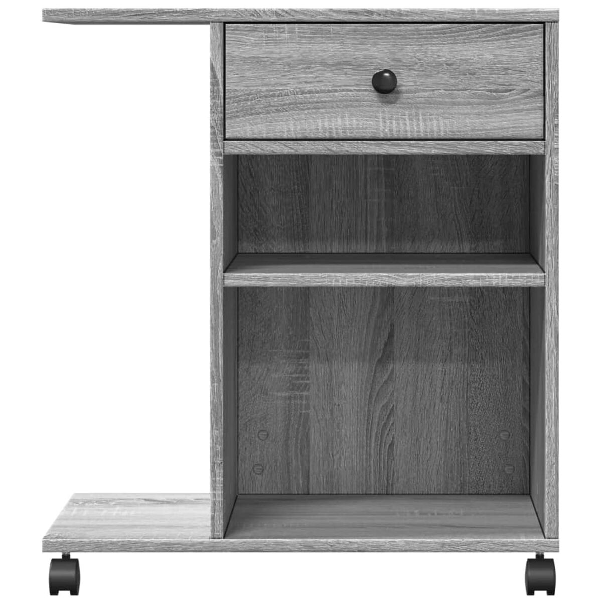 Grau-Holzoptik-Schrank mit Schublade, Regalen und Rollen. Hellgrau.