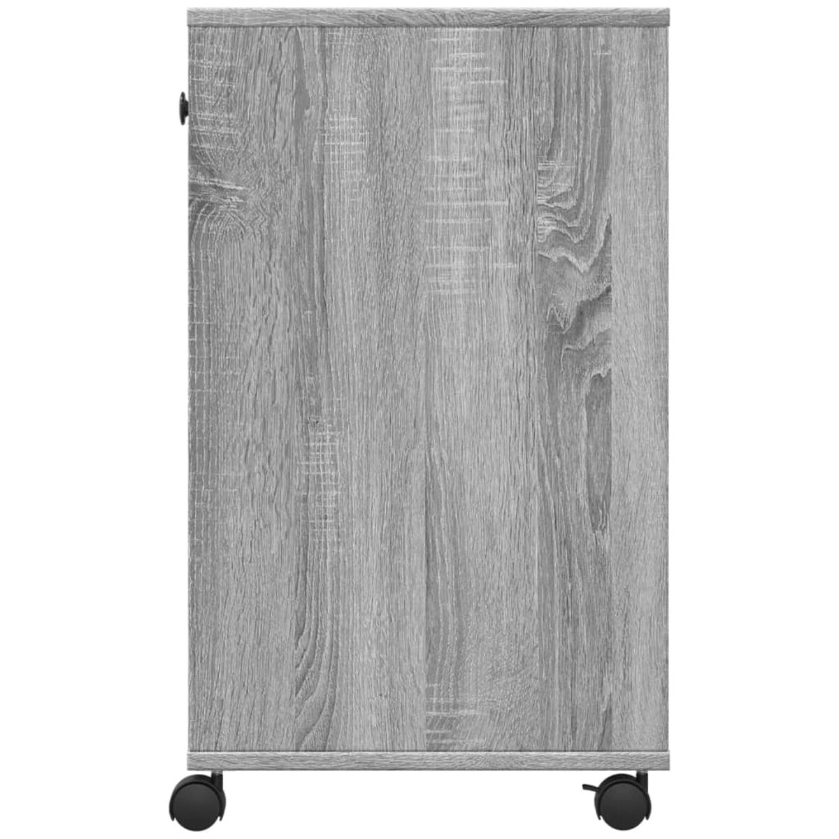 Seitenansicht eines grauen Holzschranks. Holzmaserung. Schwarze Räder unten. Einfacher Hintergrund.