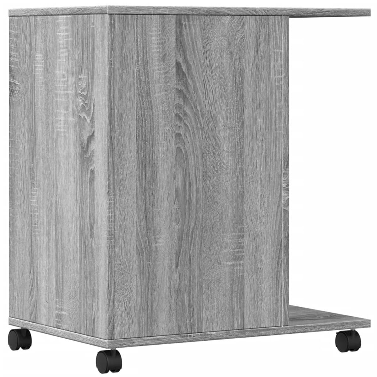 Grauer Holzschrank auf Rädern. Weißer Hintergrund.