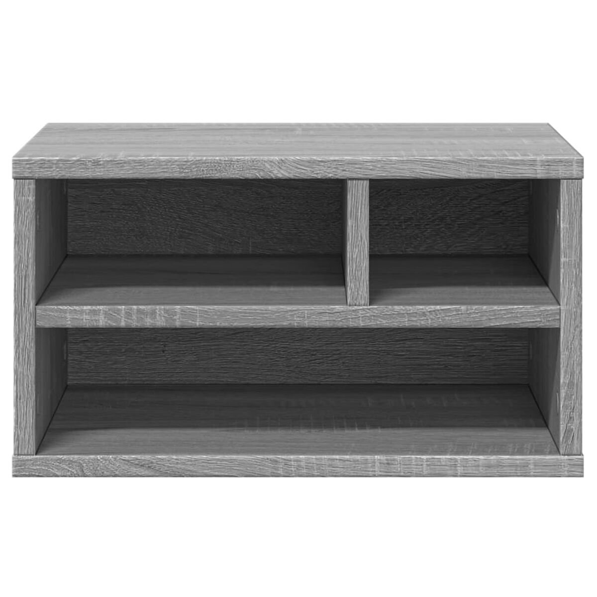 Ein grauer Holzschrank mit zwei Regalen. Er ist rechteckig und steht auf weißem Hintergrund.